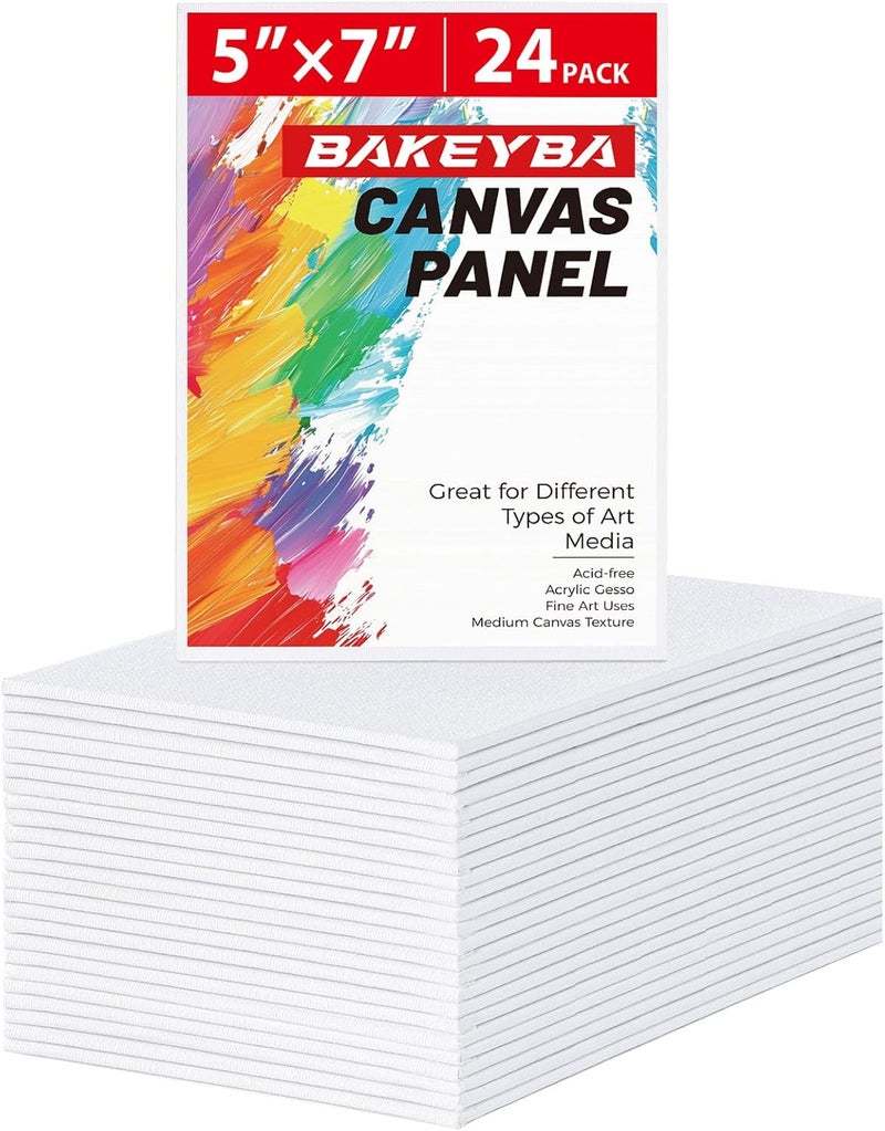 BAKEYBA Canvas Boards for Painting 24 Pack, 5x7 Inch Small Canvas for Kids, Mini Canvas Panels for Painting 100% Cotton White Blank Canvases for Acrylics Oil Watercolor Paint - Image 1